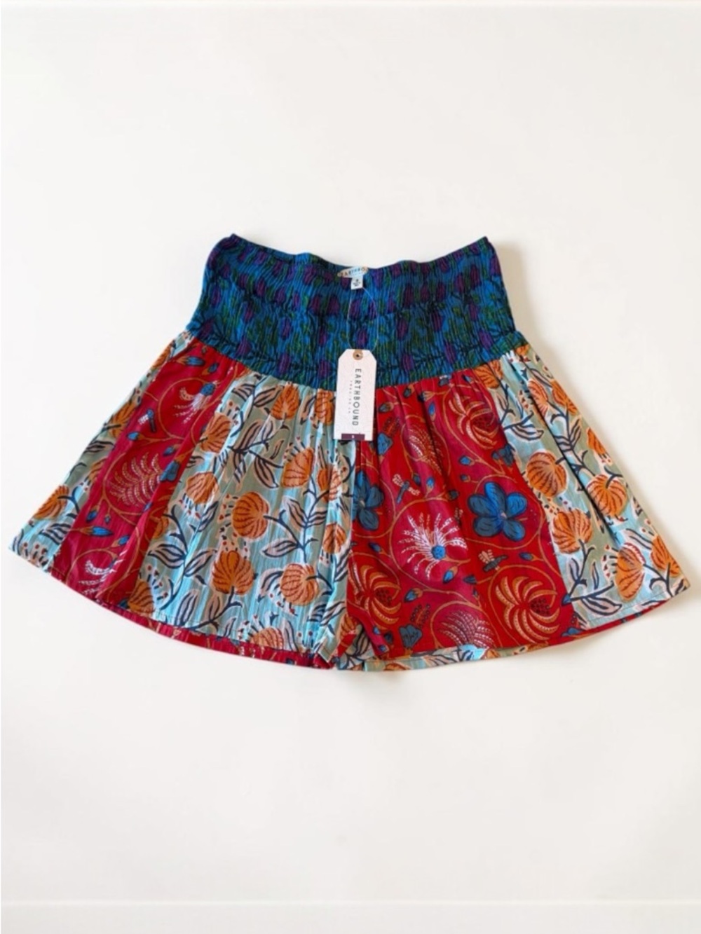 Boho Patchwork Smocked Shorts Multicolor Cotton Festival Summer Size S NWT